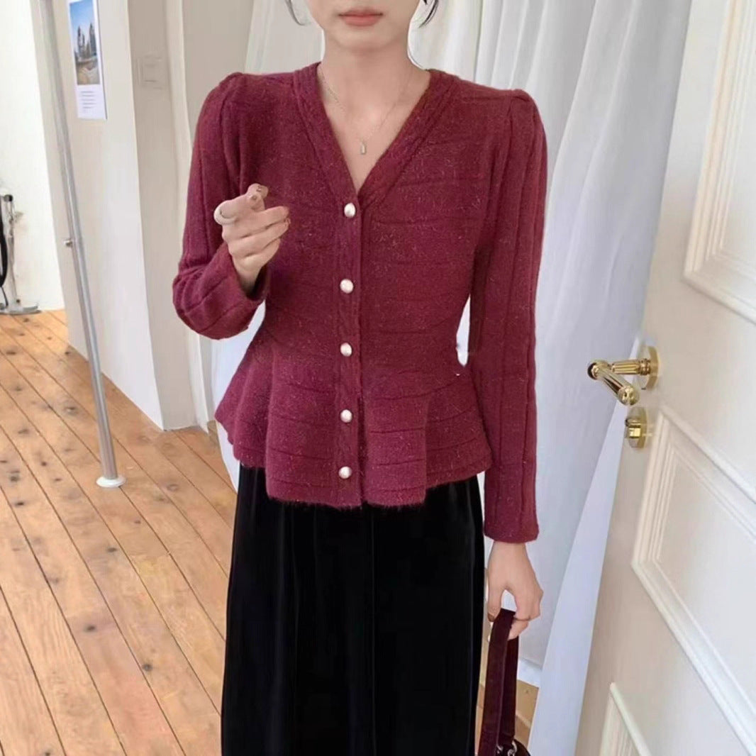 Damen elegante Strickjacke mit strukturiertem Design und femininen Puffärmeln EB