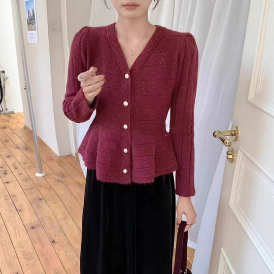 Damen elegante Strickjacke mit strukturiertem Design und femininen Puffärmeln EB