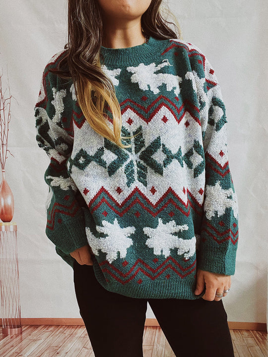 Damen festlicher Strickpullover mit weihnachtlichem Design und hohem Kragen EB