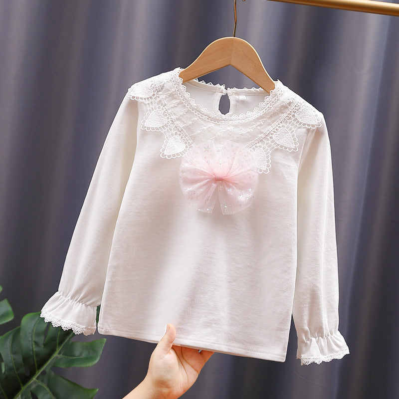 Mädchen Langarmshirt mit niedlicher Spitzenverzierung und Schleifendekor EB