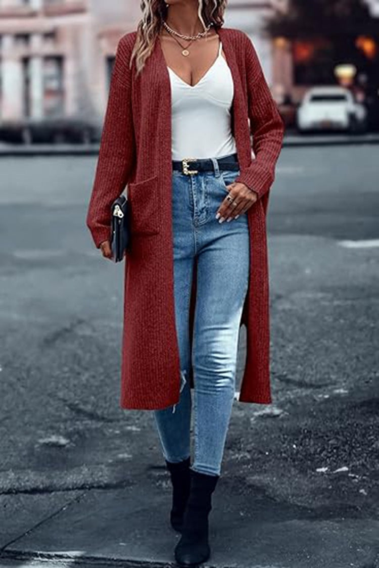 Damen Grobstrick-Kimono-Cardigan mit tiefen Taschen und offenen Ärmeln EB