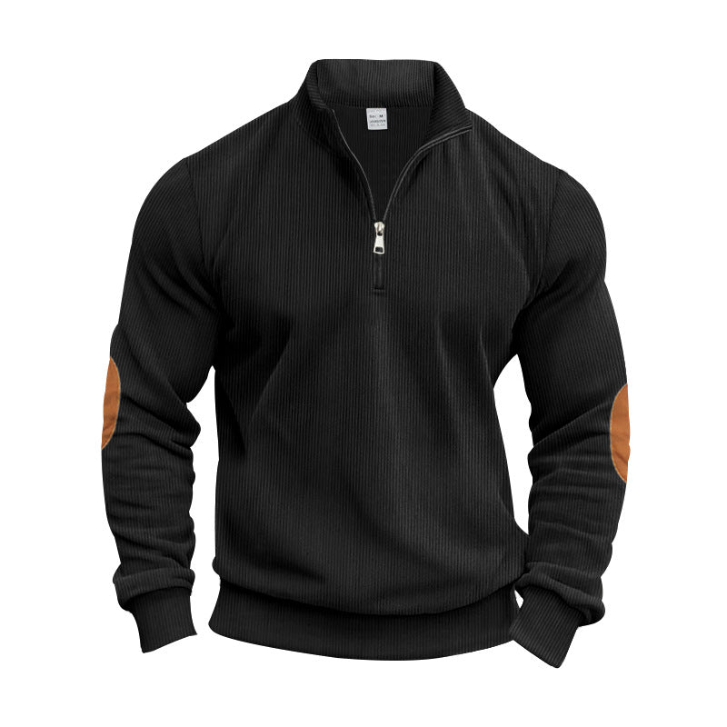 Herren nan strukturierter Baumwoll-Strickpullover mit halbem Reißverschluss und Ellenbogenbesatz EB