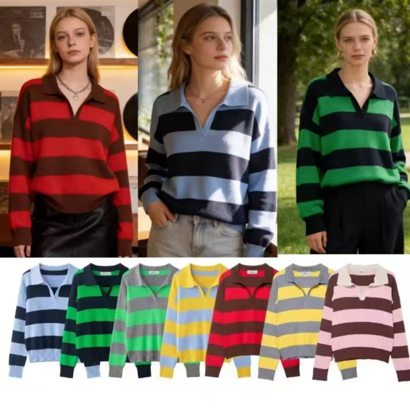 Damen nan gestreifter Rugby-Pullover mit Polokragen, V‑Ausschnitt und verlängerten Rippbündchen EB