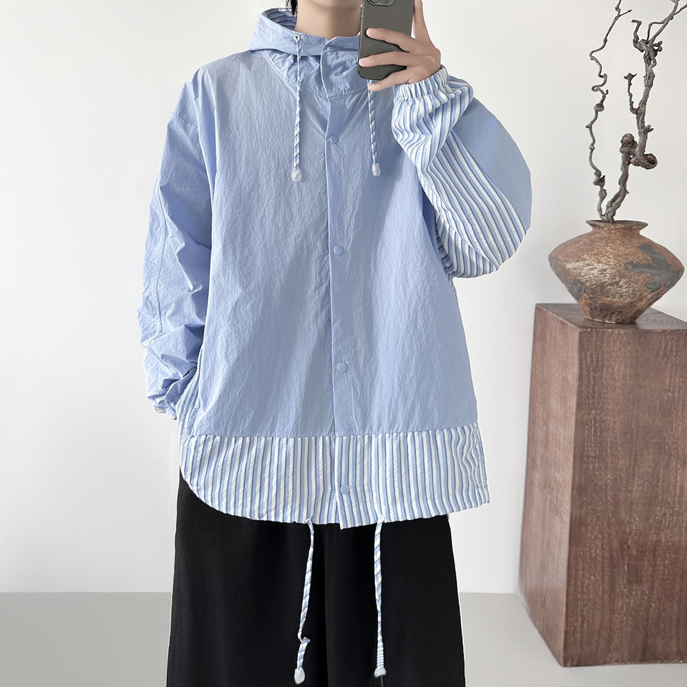 Damen nan leichte Kapuzenbluse-Jacke mit gestreiften Einsätzen, Tunnelzug und Druckknöpfen EB
