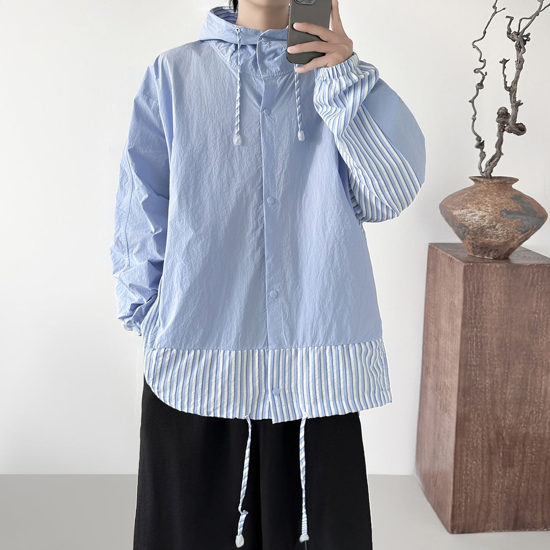 Damen nan leichte Kapuzenbluse-Jacke mit gestreiften Einsätzen, Tunnelzug und Druckknöpfen EB