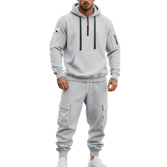 Herren nan zweiteiliges Utility-Freizeitset Hoodie mit halbhohem Reißverschluss, Ärmeltasche und Cargo-Jogginghose mit Klappentaschen EB