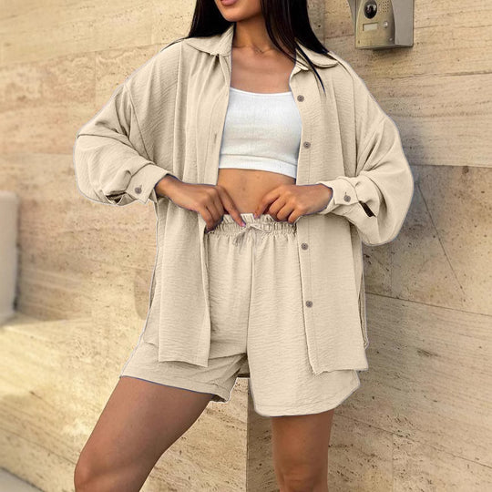 Damen lässiges Kurzarm-Set mit geknöpfter Bluse und bequemen Shorts EB