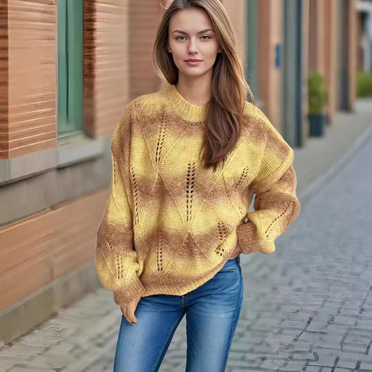 Damen lässiger Strickpullover mit modernem Lochmuster und voluminösen Ärmeln EB