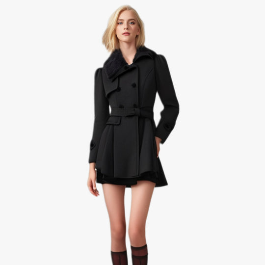Damen eleganter Trenchcoat mit abnehmbarem Fellkragen und Taillengürtel EB