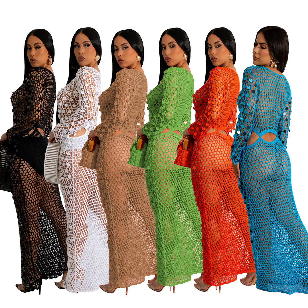 Damen Maxi-Kleid aus transparentem Häkelmaterial mit Cut-Out-Details EB