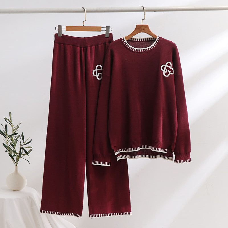 Damen lässiges Strick-Loungewear-Set mit dekorativen Kontrastdetails EB