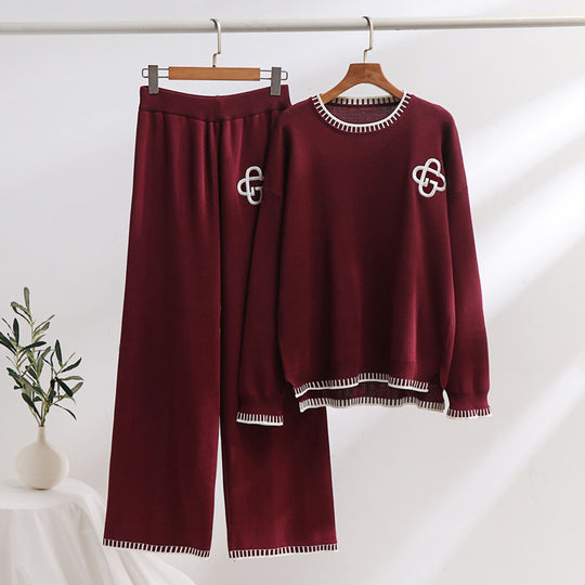 Damen lässiges Strick-Loungewear-Set mit dekorativen Kontrastdetails EB