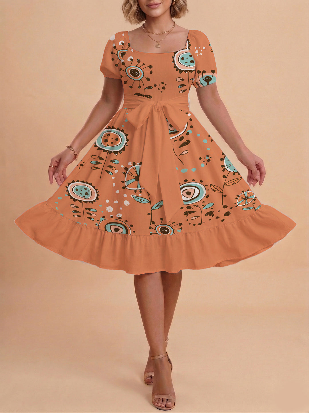 Damen Sommerkleid mit floralem Puffärmel und taillierbarem Gürtel EB