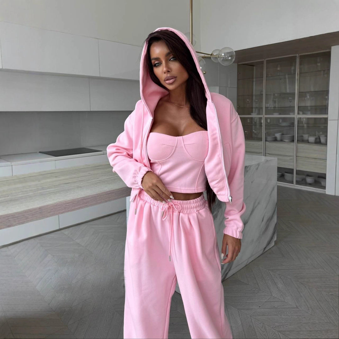 Damen Sculpting-Corsagen-Crop mit Kapuzen-Zipjacke und weiter High-Waist-Jogginghose EB