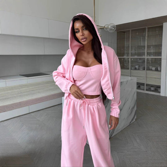Damen Sculpting-Corsagen-Crop mit Kapuzen-Zipjacke und weiter High-Waist-Jogginghose EB