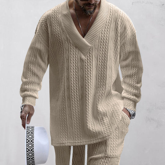 Herren nan oversized Kabelstrick V-Ausschnitt Pullover mit Relaxhose Set EB