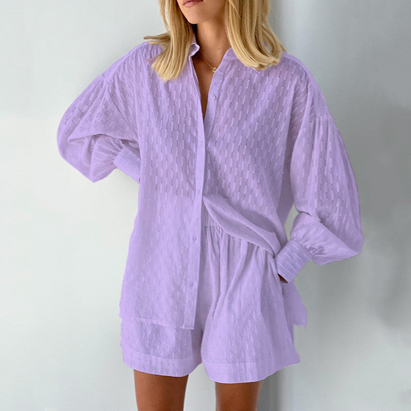 Damen lässiges Hemd-Shorts-Set mit elegantem Webmuster EB