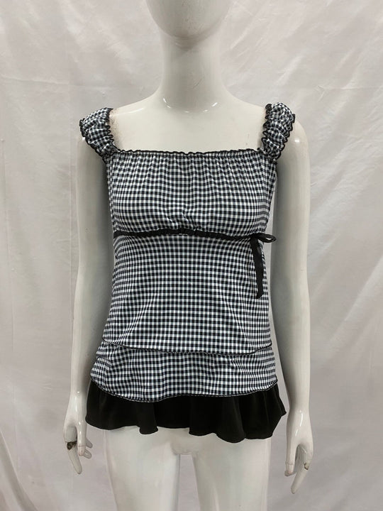Damen Rüschenshirt mit Gingham-Muster und elastischen Trägern EB