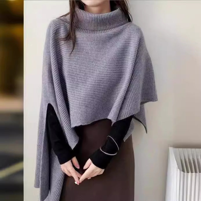 Damen Strickponcho mit hohem Kragen und asymmetrischem Schnitt EB