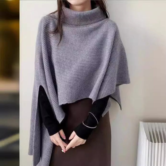 Damen Strickponcho mit hohem Kragen und asymmetrischem Schnitt EB
