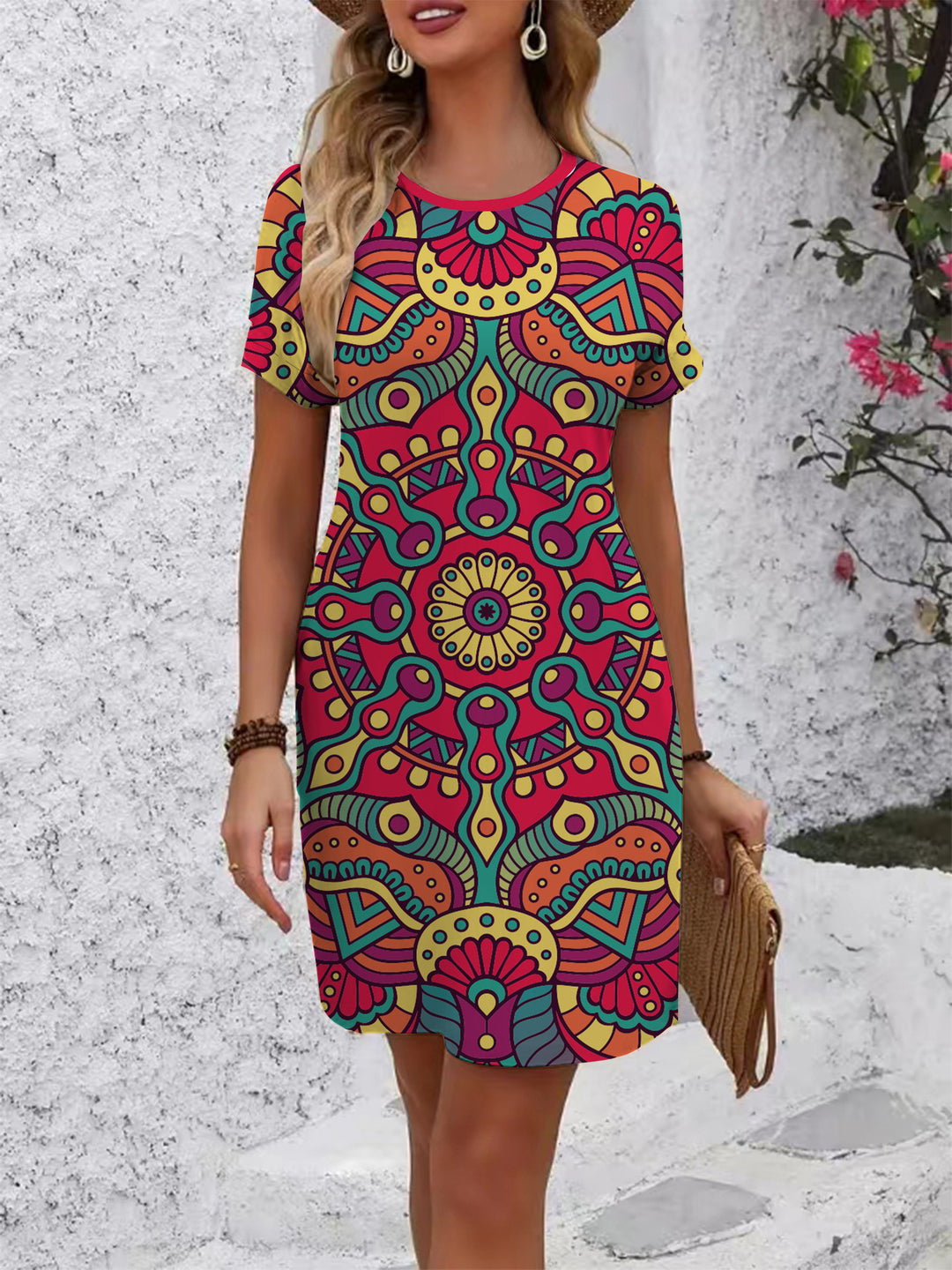 Damen farbenfrohes Mandala Kleid im lässigen Schnitt EB