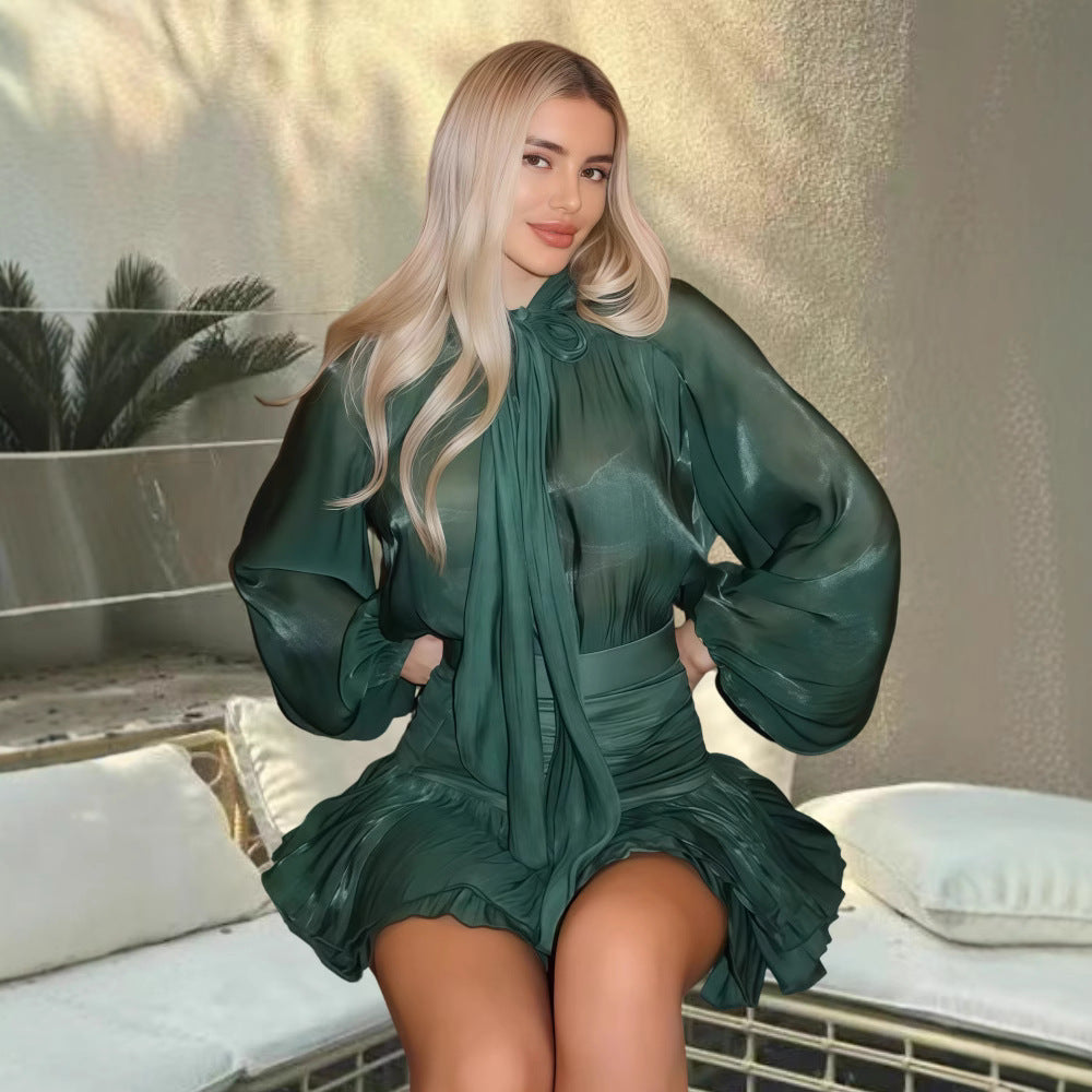 Damen Verspieltes Chiffon-Kleid mit schleifenverziertem Ausschnitt und weit geschnittenen Ärmeln EB