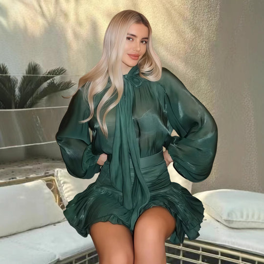 Damen Verspieltes Chiffon-Kleid mit schleifenverziertem Ausschnitt und weit geschnittenen Ärmeln EB