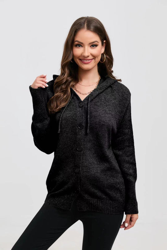 Damen lässige Strickjacke mit Kapuze und Knopfverschluss EB