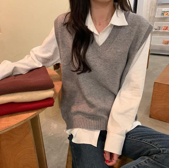 Damen Ärmellose Strickweste mit V-Ausschnitt und Rippdetails EB