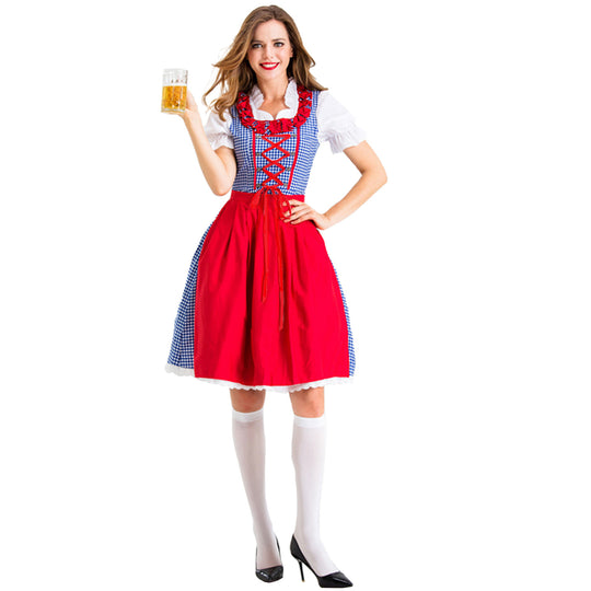 Damen nan Karo-Dirndl mit geschnürter Miederfront, Rüschenkragen und taillierter Schürze EB