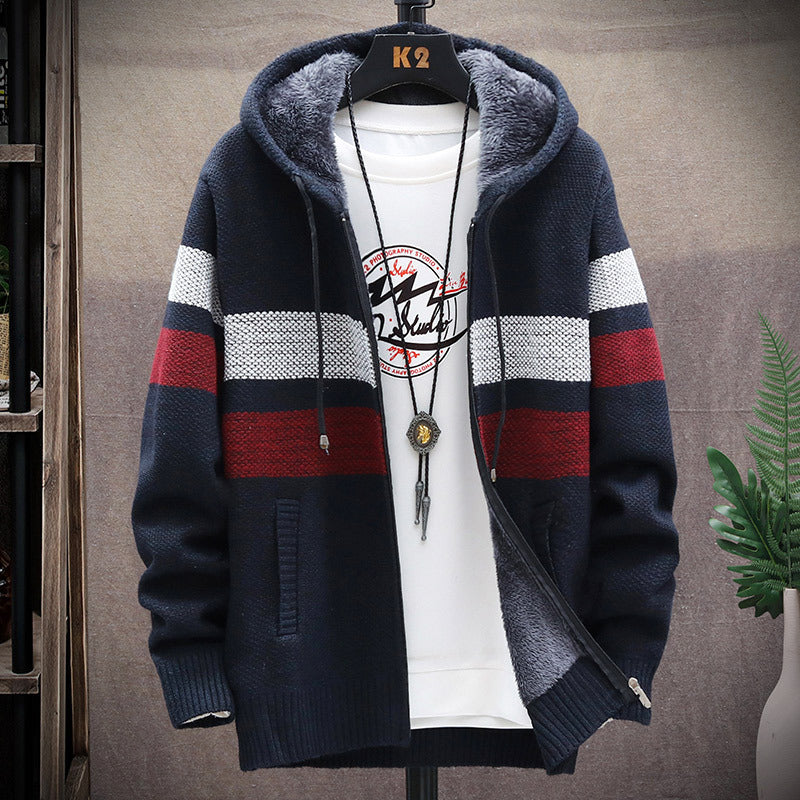 Herren modische Strickjacke mit Kapuze und gestreiftem Design EB