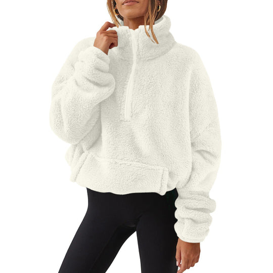 Damen nan Oversize-Halbzip Teddy-Fleecepullover mit Kängurutasche und hohem Stehkragen EB