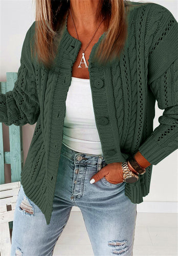 Damen modische Strickjacke mit Zopfdesign und großen Knöpfen EB