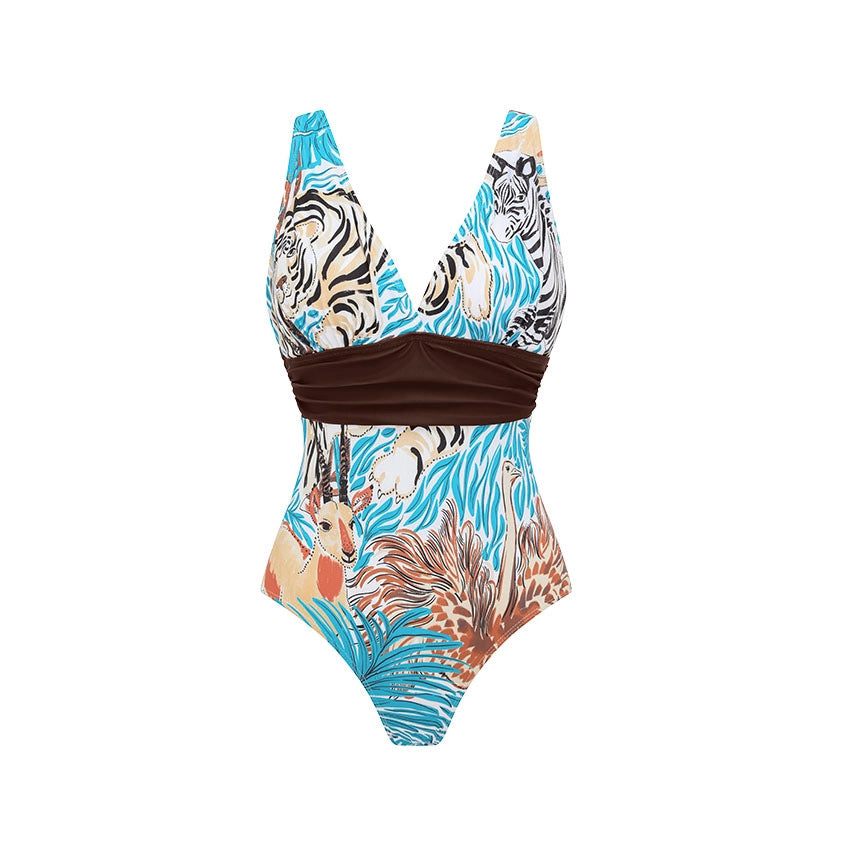 Damen Einteiler Badeanzug mit tierischem Print und eleganter Taillierung EB
