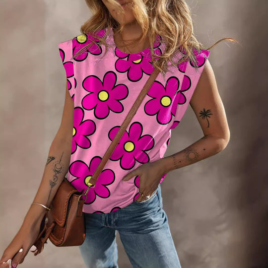 Damen lässiges T-Shirt mit lebhaftem Blumenmuster und voluminösen Ärmeln EB