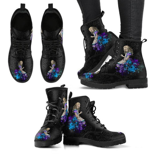 Damen nan modische knöchelhohe Schnür-Bikerboots mit auffälligem Totenkopf-Rosen-Print und robuster Profilsohle EB
