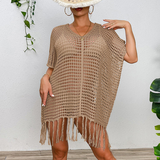 Damen Häkel-Strandtunika mit Fransen und transparentem Design EB