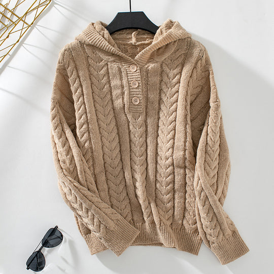 Damen Strickpulli mit Kapuze und Zopfmuster EB