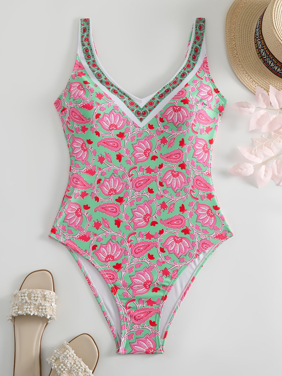 Damen Einteiliger Badeanzug mit floralem Design und modischen Trägern EB