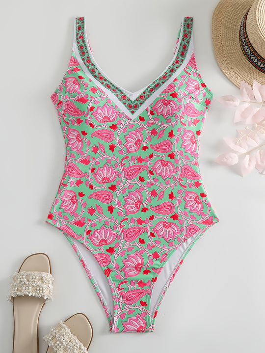 Damen Einteiliger Badeanzug mit floralem Design und modischen Trägern EB