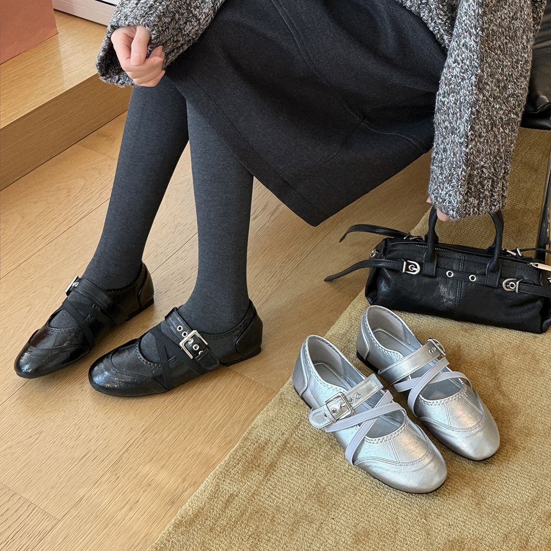 Damen Bequeme Ballerinas mit verstellbarem Riemchen und modischem Metallic-Finish EB