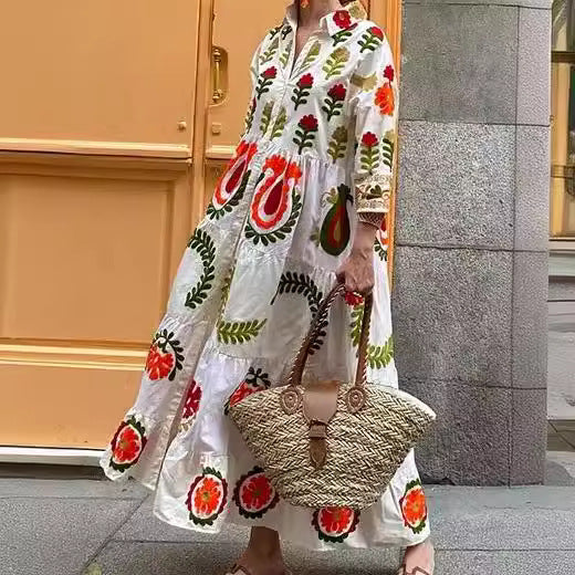 Damen Langarm-Teilkaro Kleid mit floralen Stickereien EB