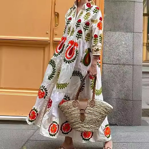 Damen Langarm-Teilkaro Kleid mit floralen Stickereien EB