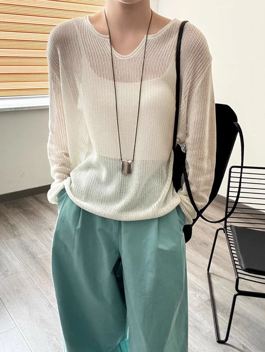 Damen luftiger Strickpullover mit V-Ausschnitt und lässigem Schnitt EB