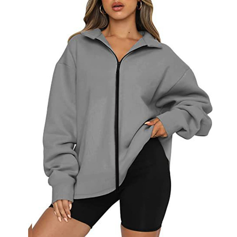 Damen Oversized Sweatjacke mit hohem Kragen und durchgehendem Reißverschluss EB