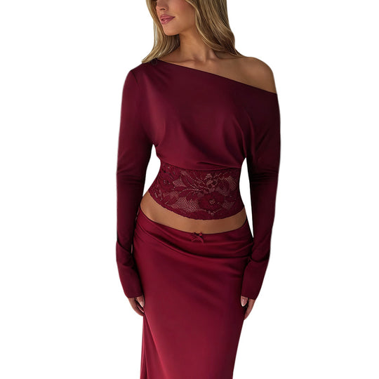 Damen elegantes Crop-Top mit Spitzenbesatz und langen Ärmeln EB