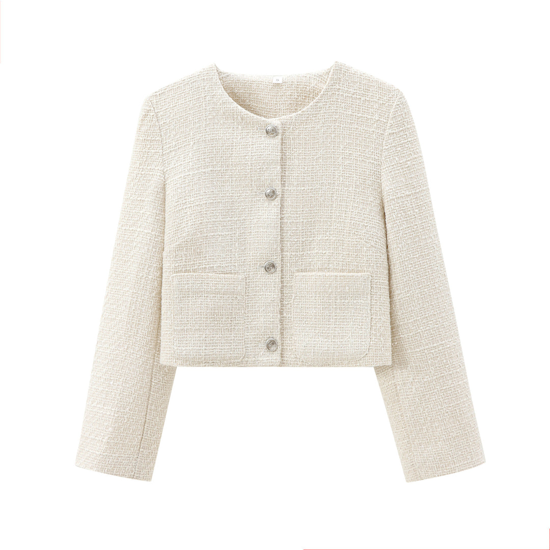 Damen elegante Kurzjacke im strukturierten Tweed-Stil mit praktischen Taschen EB