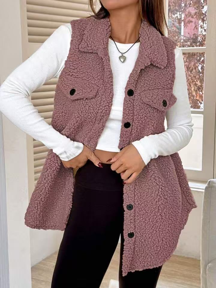 Damen Plüsch Weste mit Taschen EB