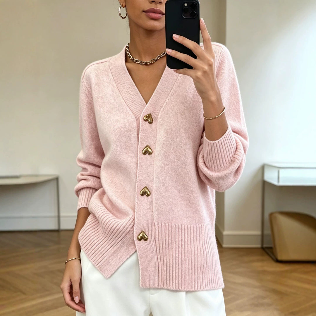 Damen Oversize V-Ausschnitt Strickcardigan mit herzförmigen Schmuckknöpfen EB