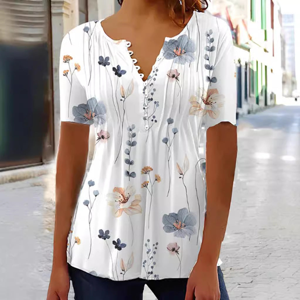 Damen nan leichtes V-Ausschnitt Blusenshirt mit Zierknopfleiste und dezent plissierter Vorderpartie EB